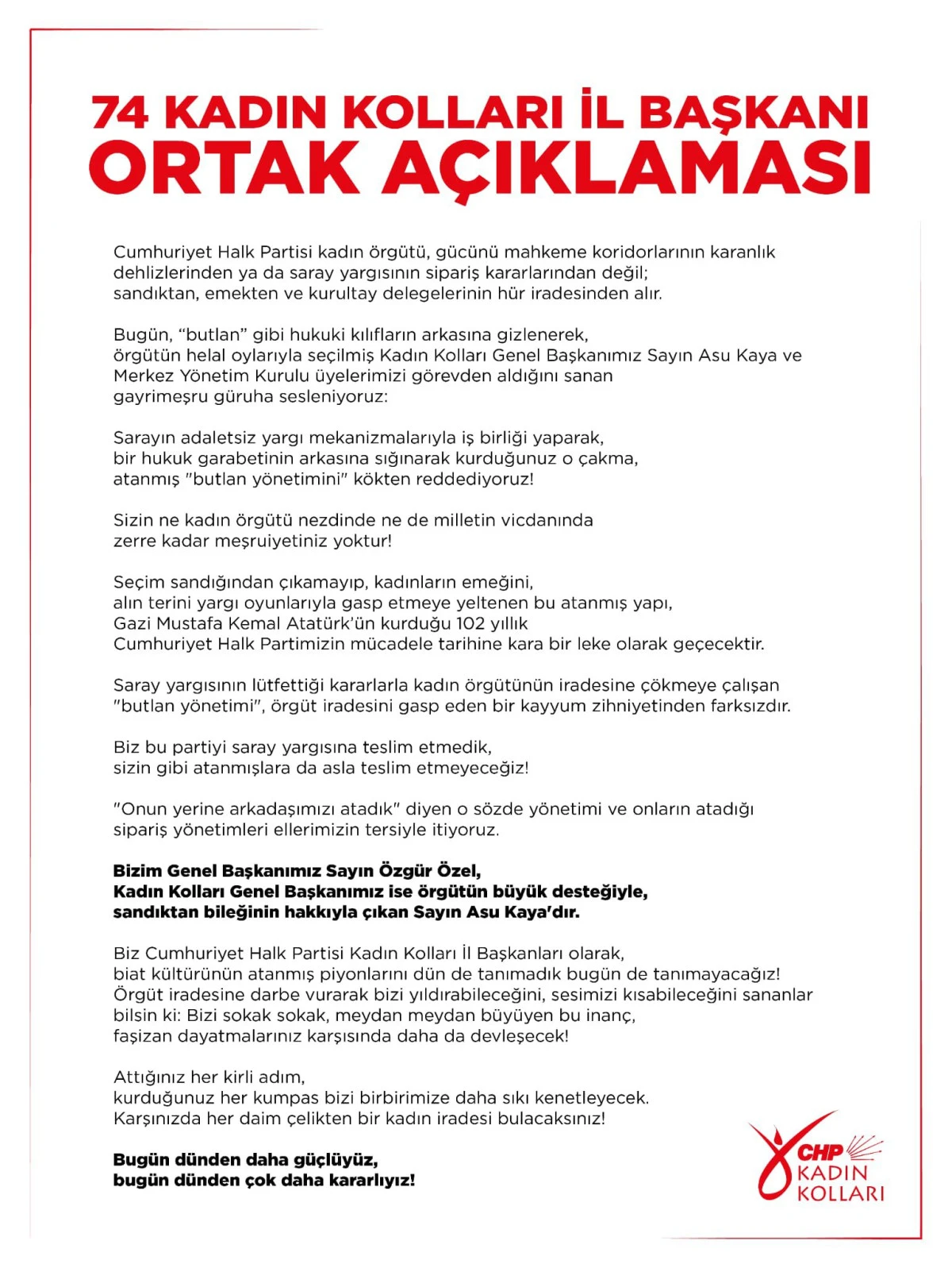CHP İl Kadın Kolları Başkanlarından Ortak A&ccedil;ıklama
