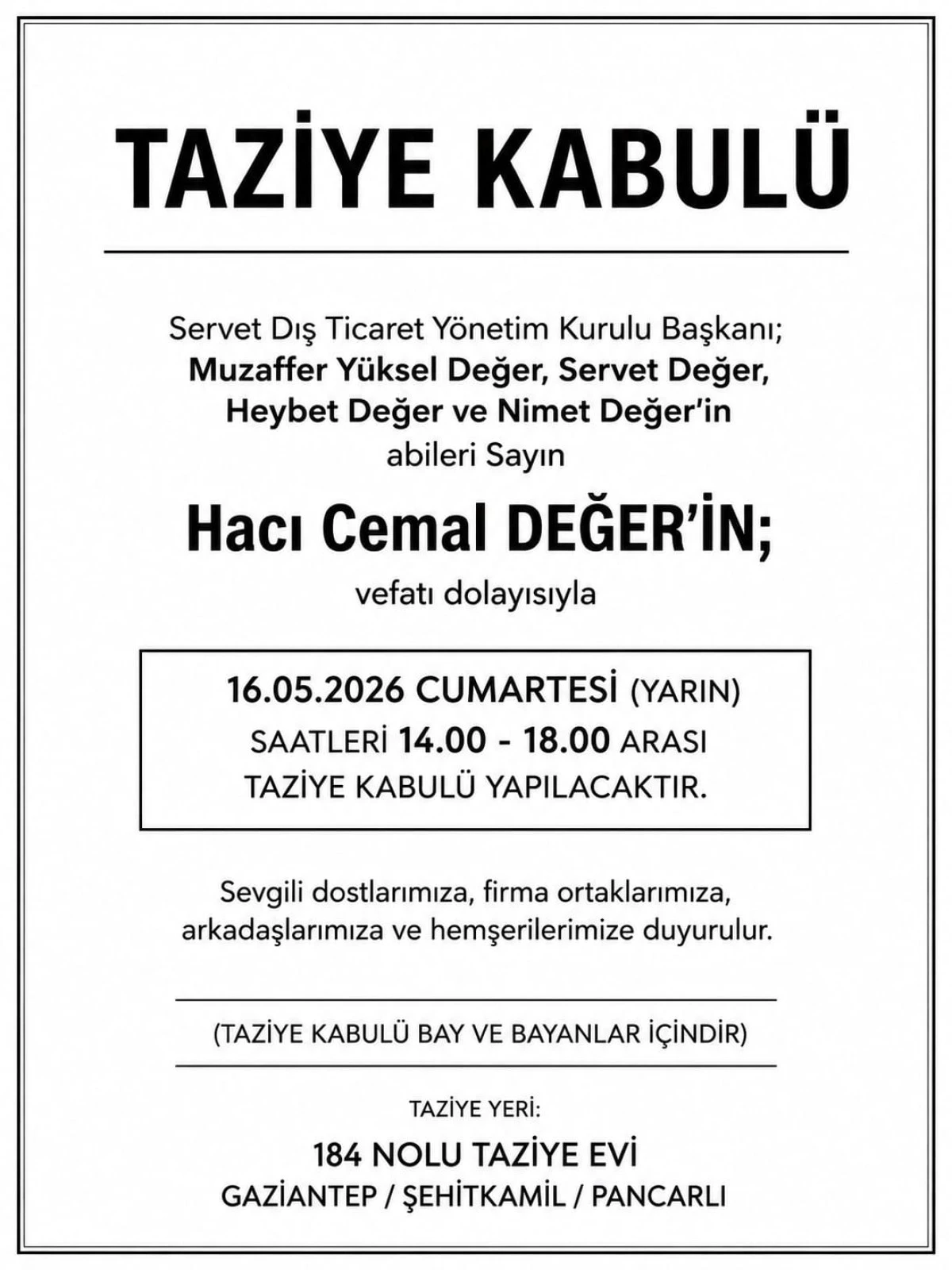 TAZİYE KABUL&Uuml;